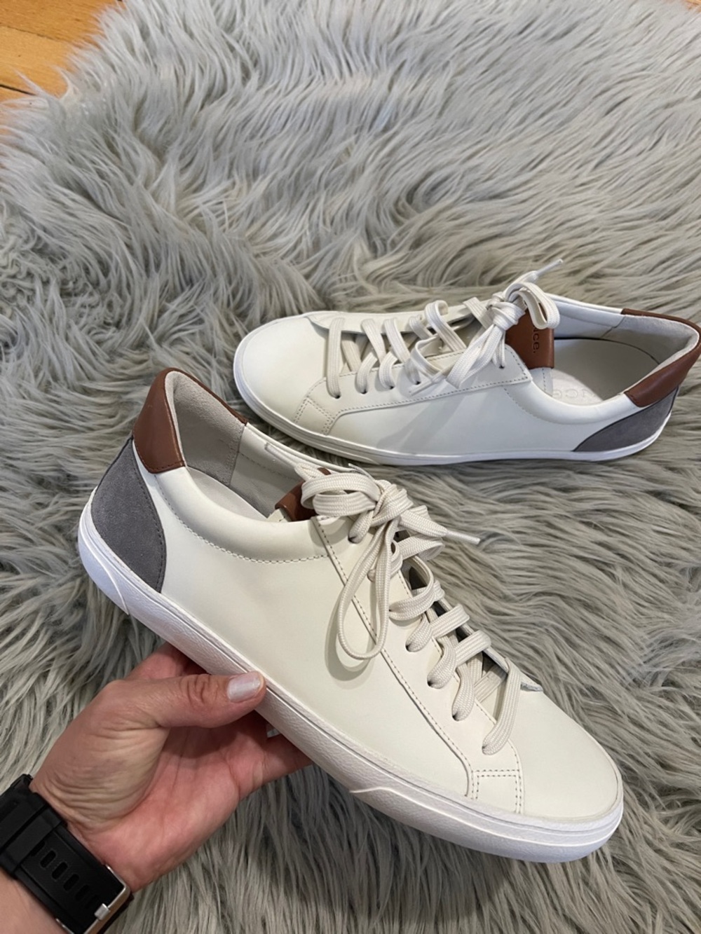 Vince Women's White Sneakers with Brown Heel Tab and Gray Suede Accent